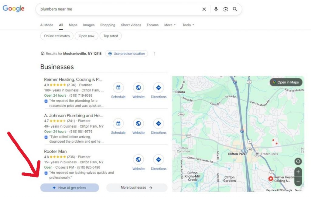 Google's new "have AI get prices" button on google map results